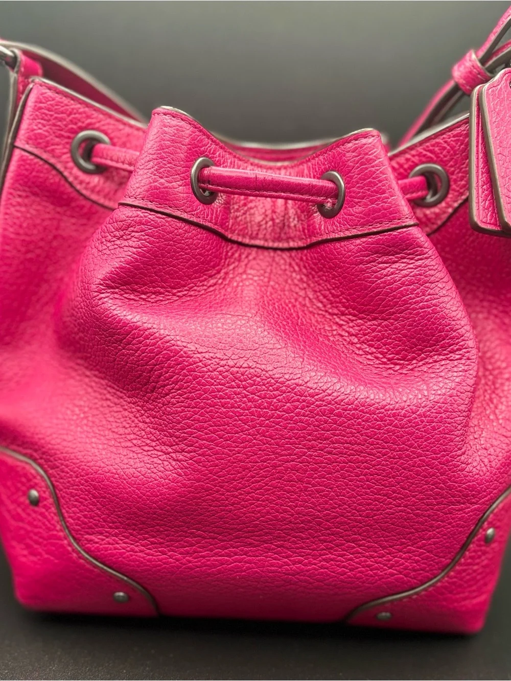 Coach Mickie Fuchsia Pebbled Leather Drawstring Crossbody Bag